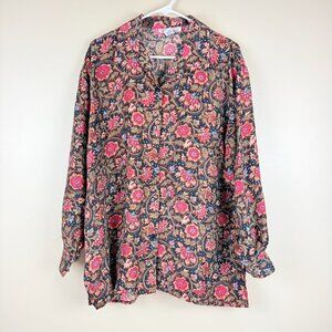 Stunt Collections 100% Silk Button Front Blouse Women’s Size L Floral Pais